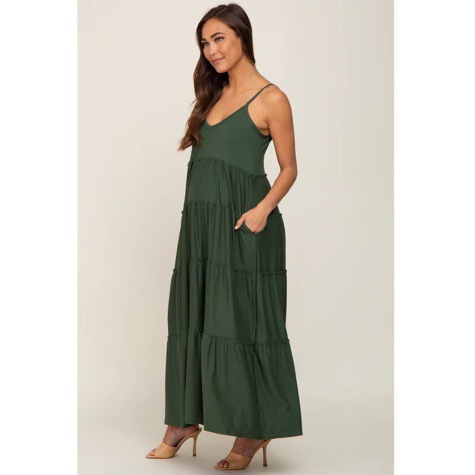 Green Suspenders Ruffled Layered Maternity Dress