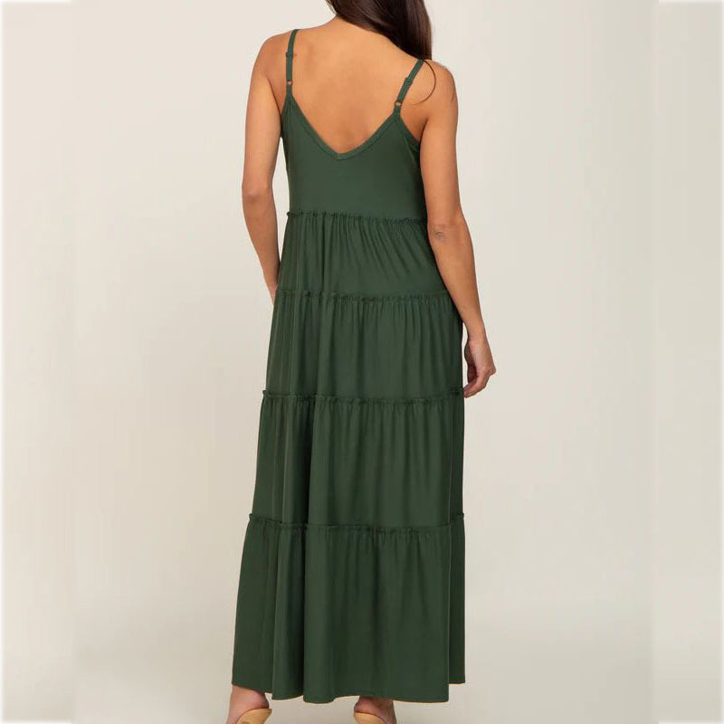 Green Suspenders Ruffled Layered Maternity Dress