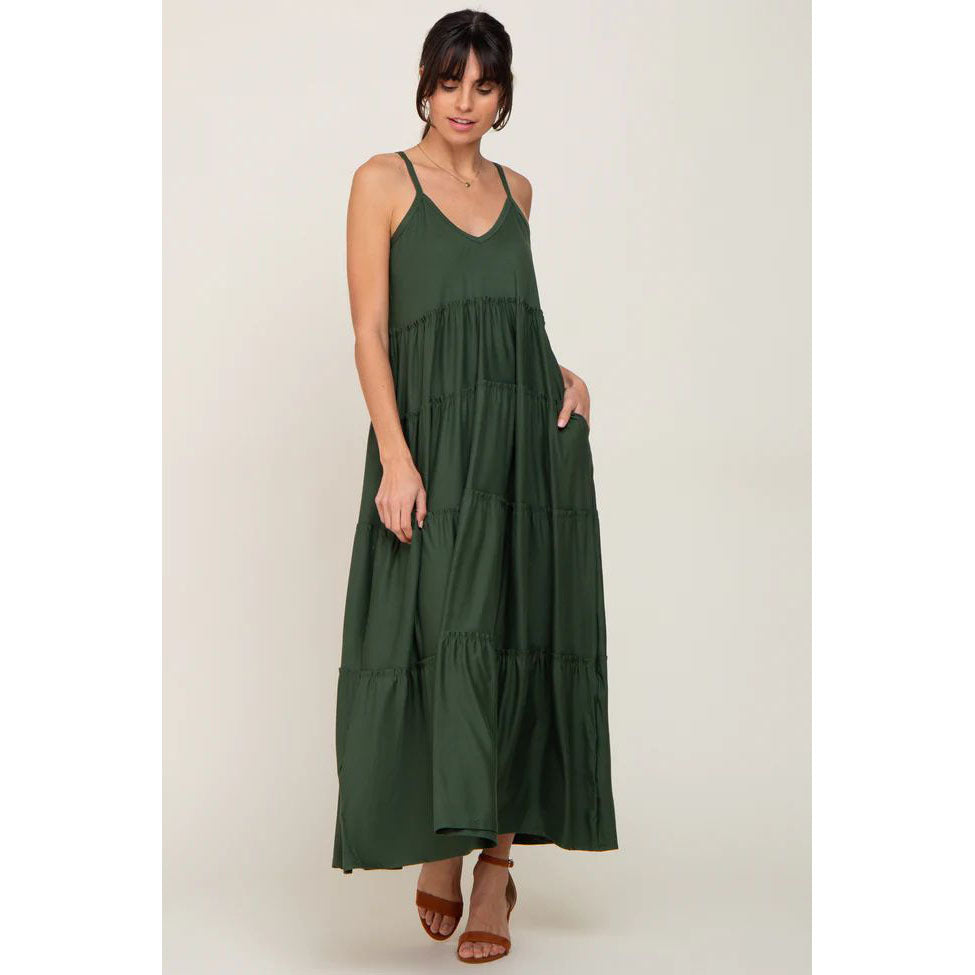 Green Suspenders Ruffled Layered Maternity Dress