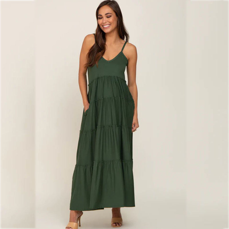 Green Suspenders Ruffled Layered Maternity Dress